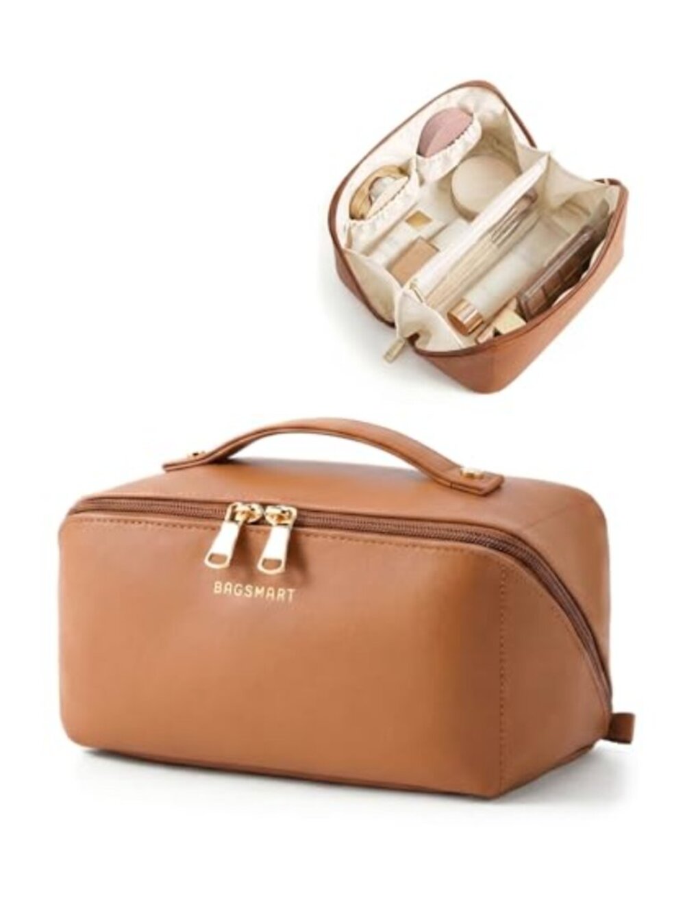 Large Capacity Travel Makeup Bag Faux Leather Vegan Cosmetic Organizer